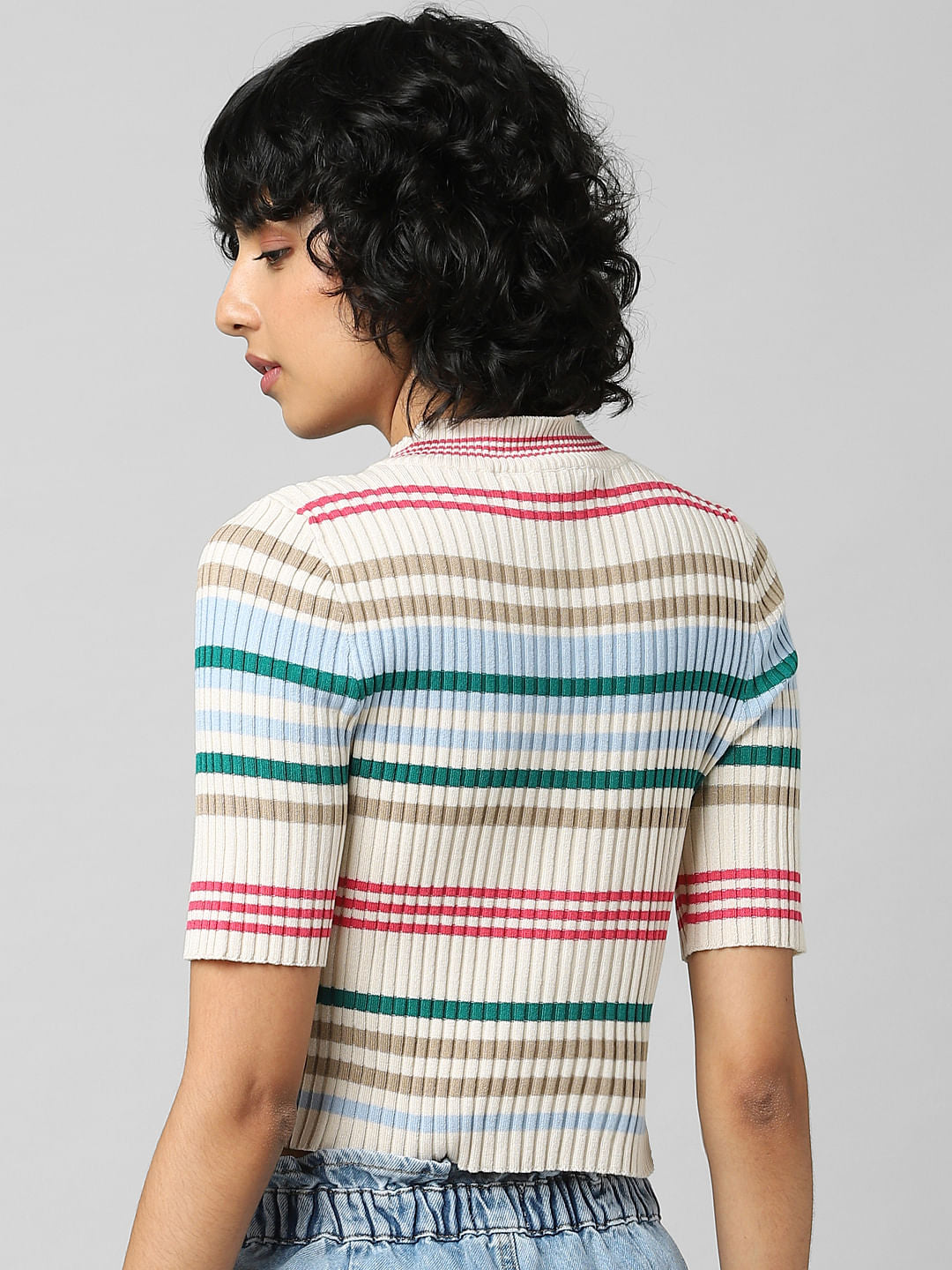 Blue Striped Cropped Pullover