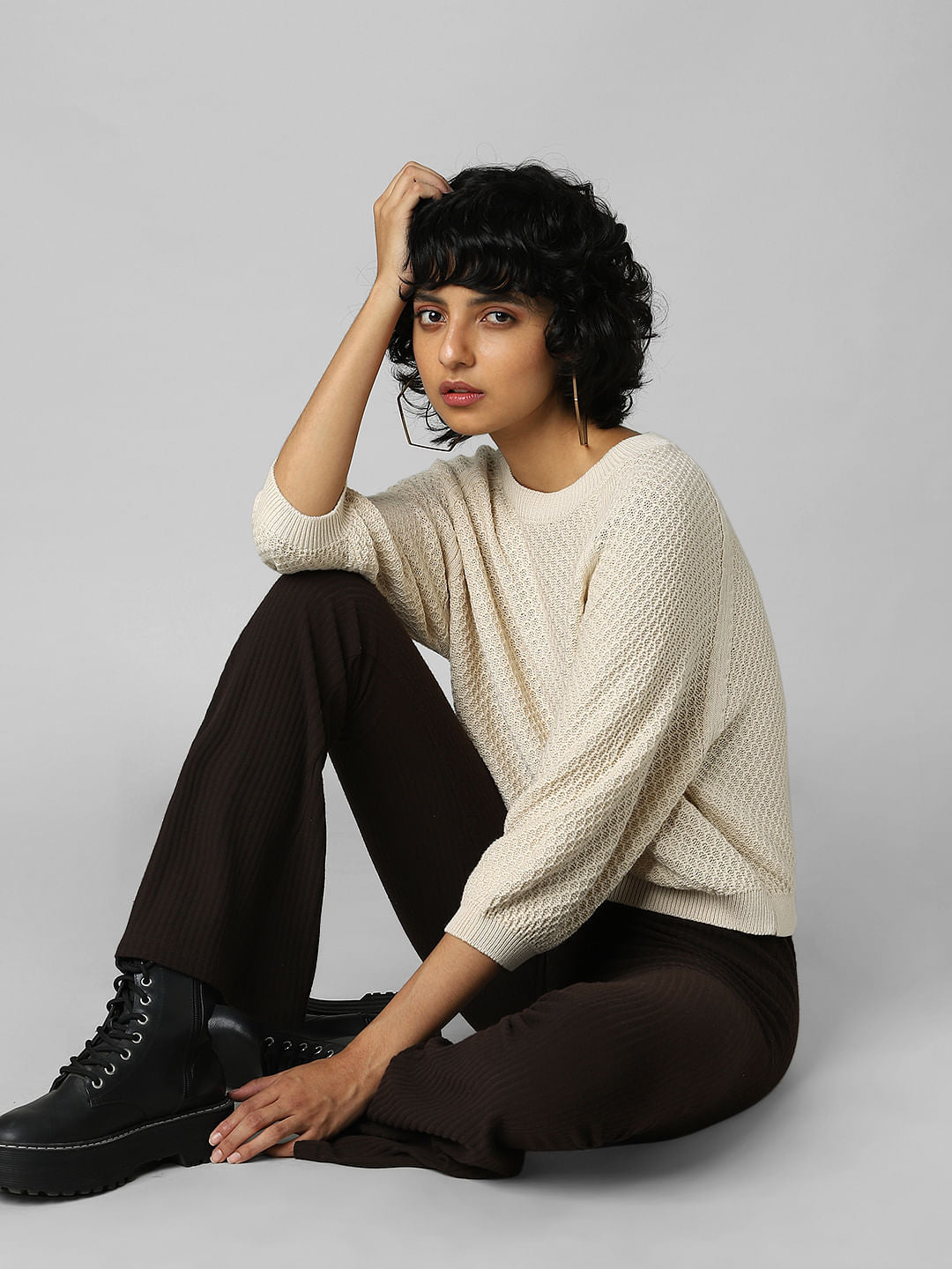 Beige Structured Knit Pullover