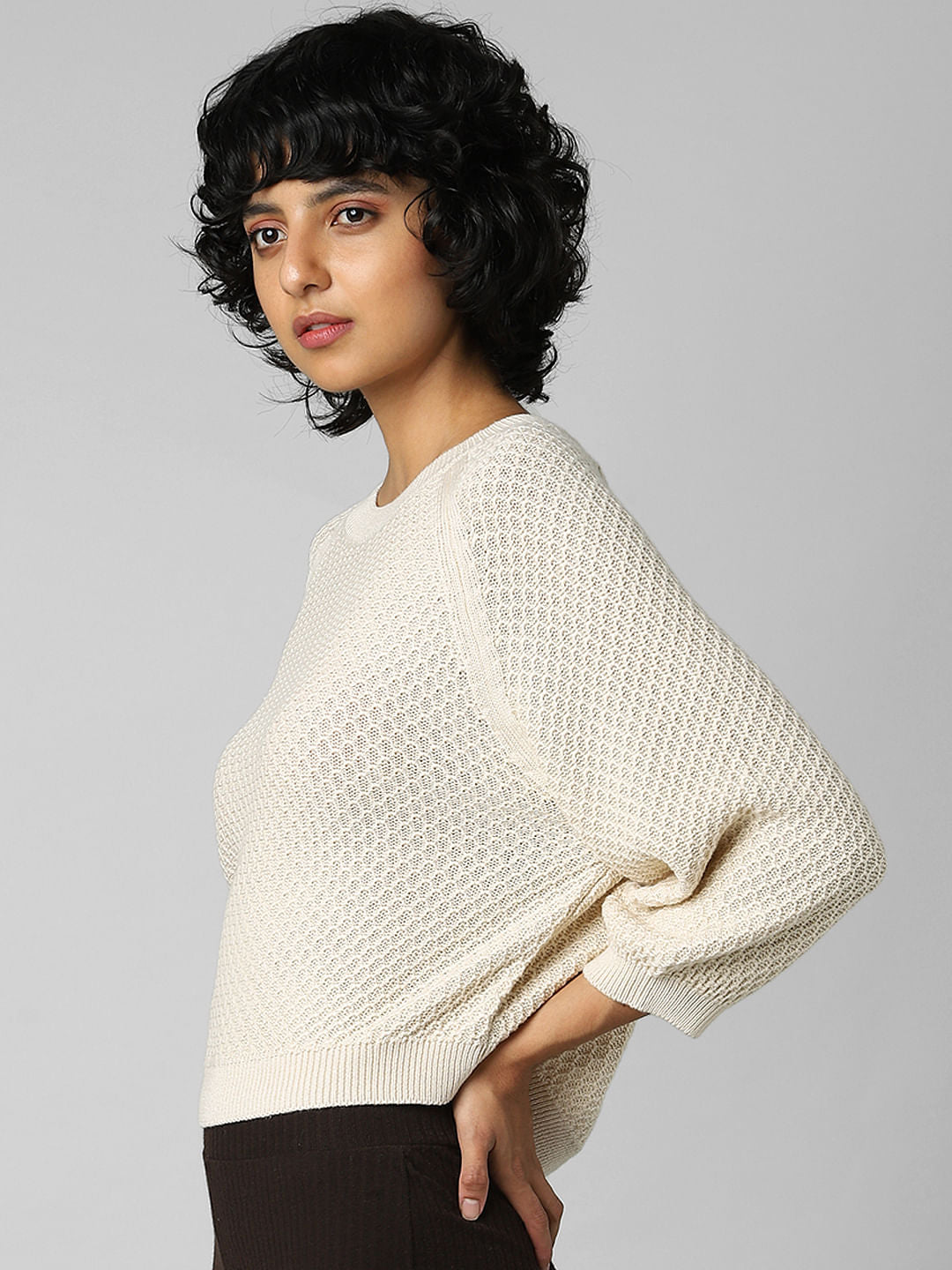 Beige Structured Knit Pullover