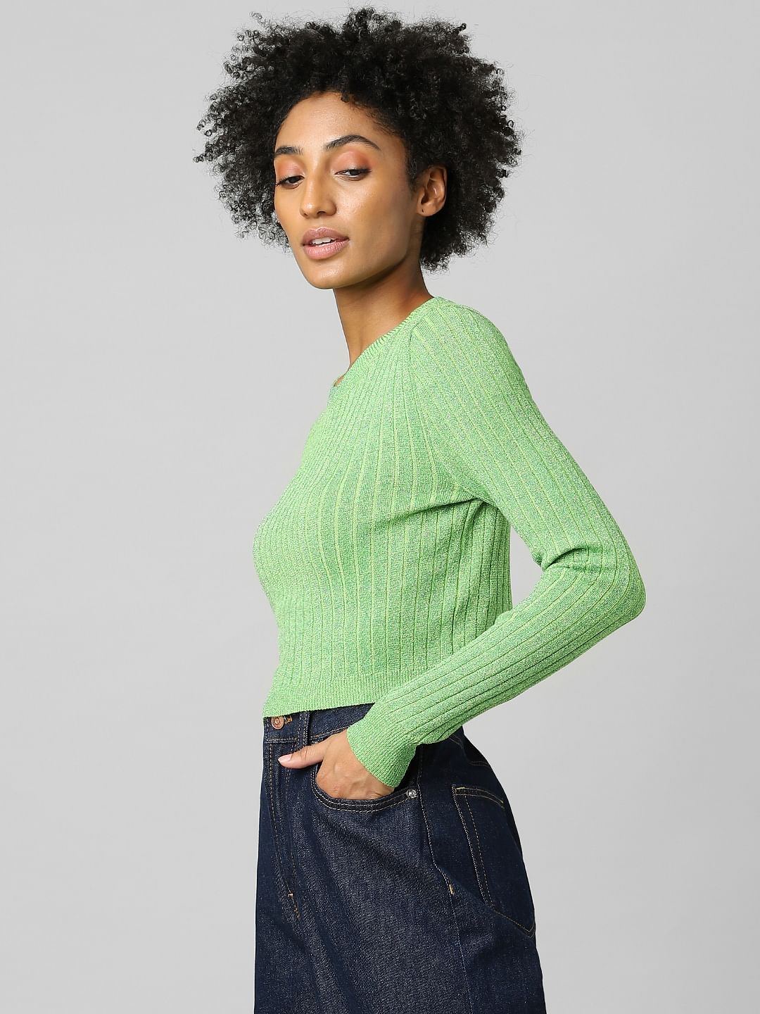 Green Ribbed Cropped Pullover