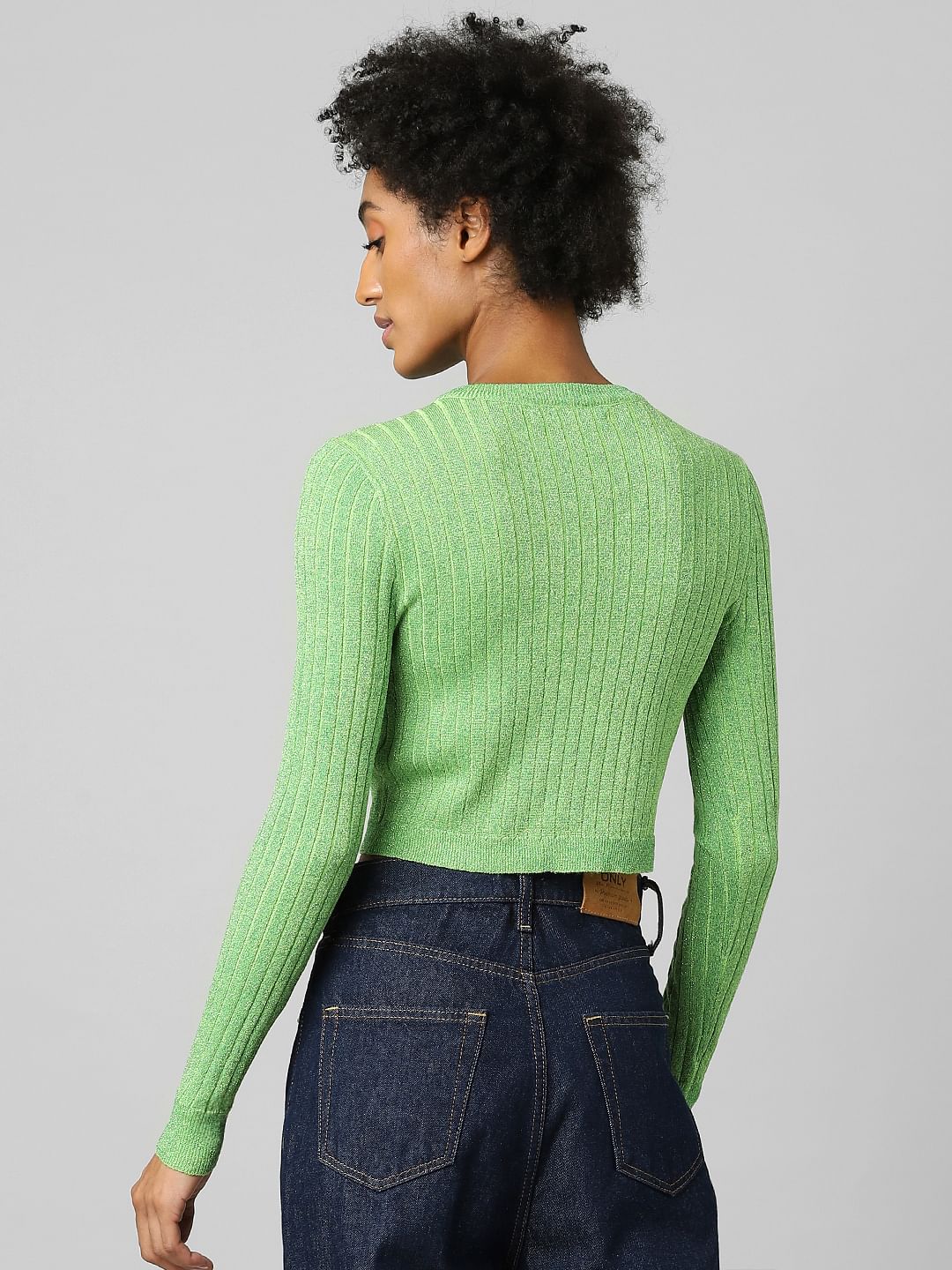 Green Ribbed Cropped Pullover