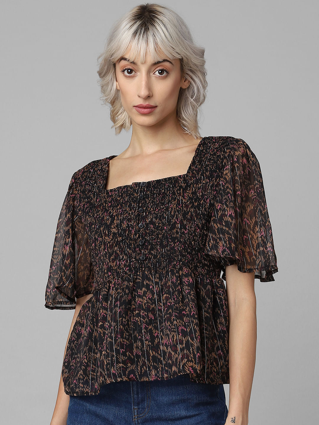 Black Printed Smocked Top