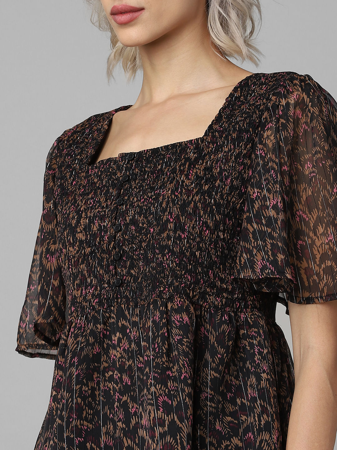 Black Printed Smocked Top