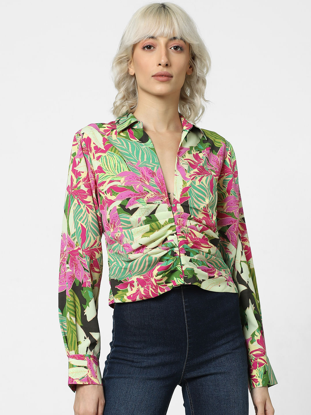 Green Floral Cropped Shirt