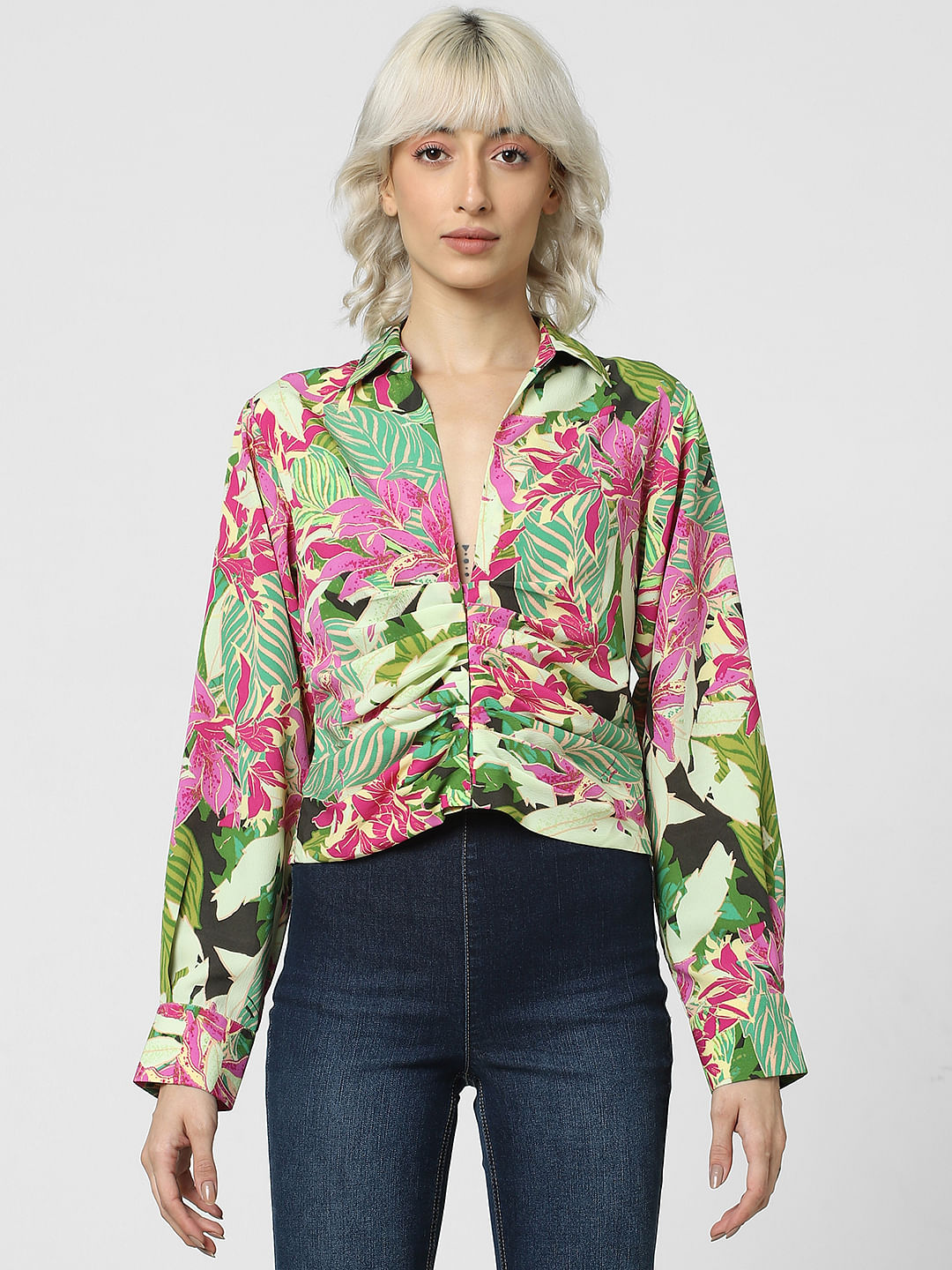 Green Floral Cropped Shirt