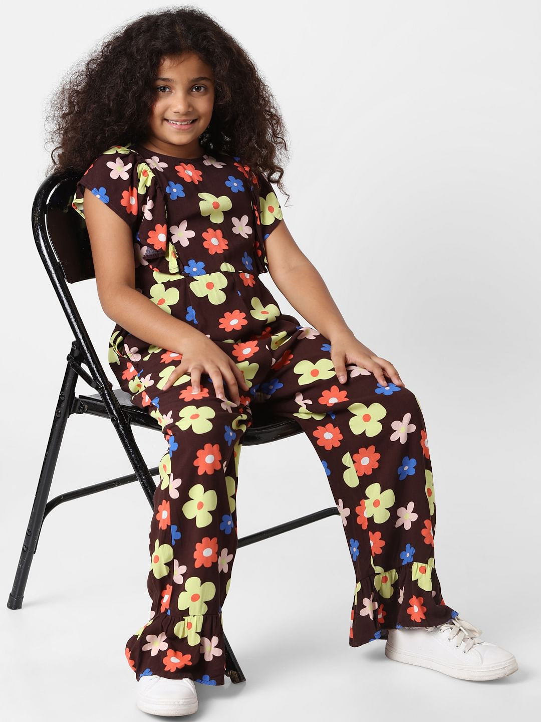 Girls Brown Floral Print Jumpsuit