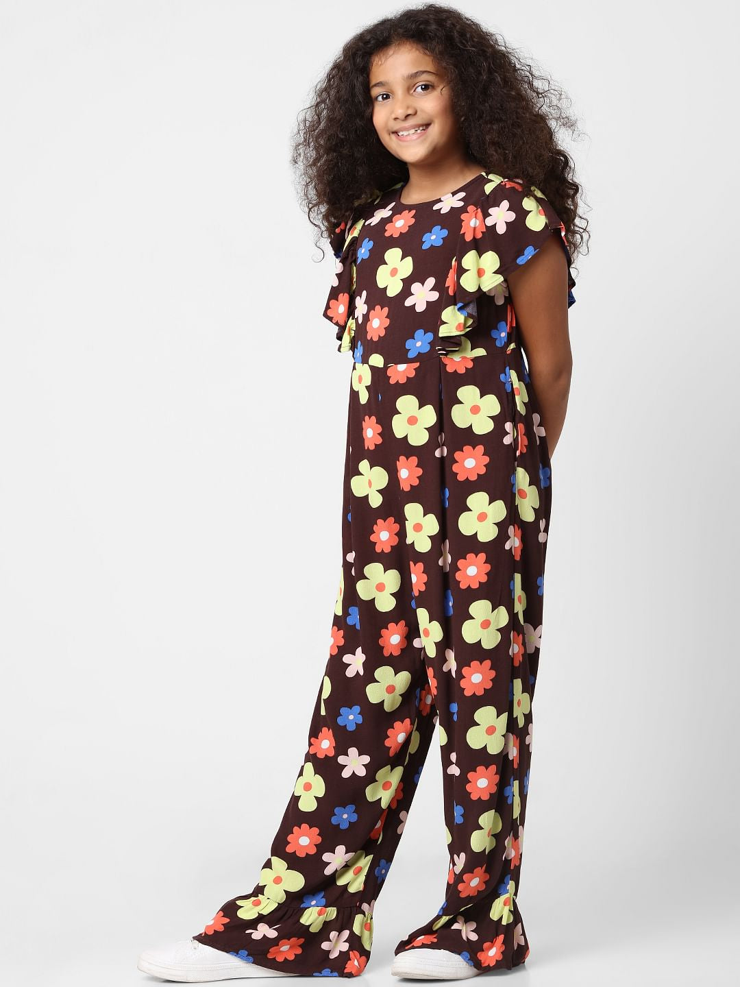 Girls Brown Floral Print Jumpsuit