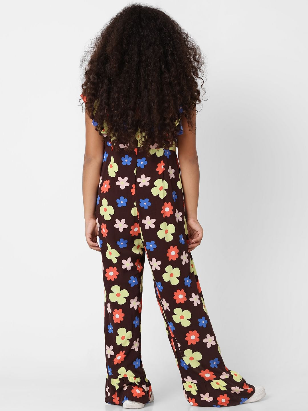 Girls Brown Floral Print Jumpsuit