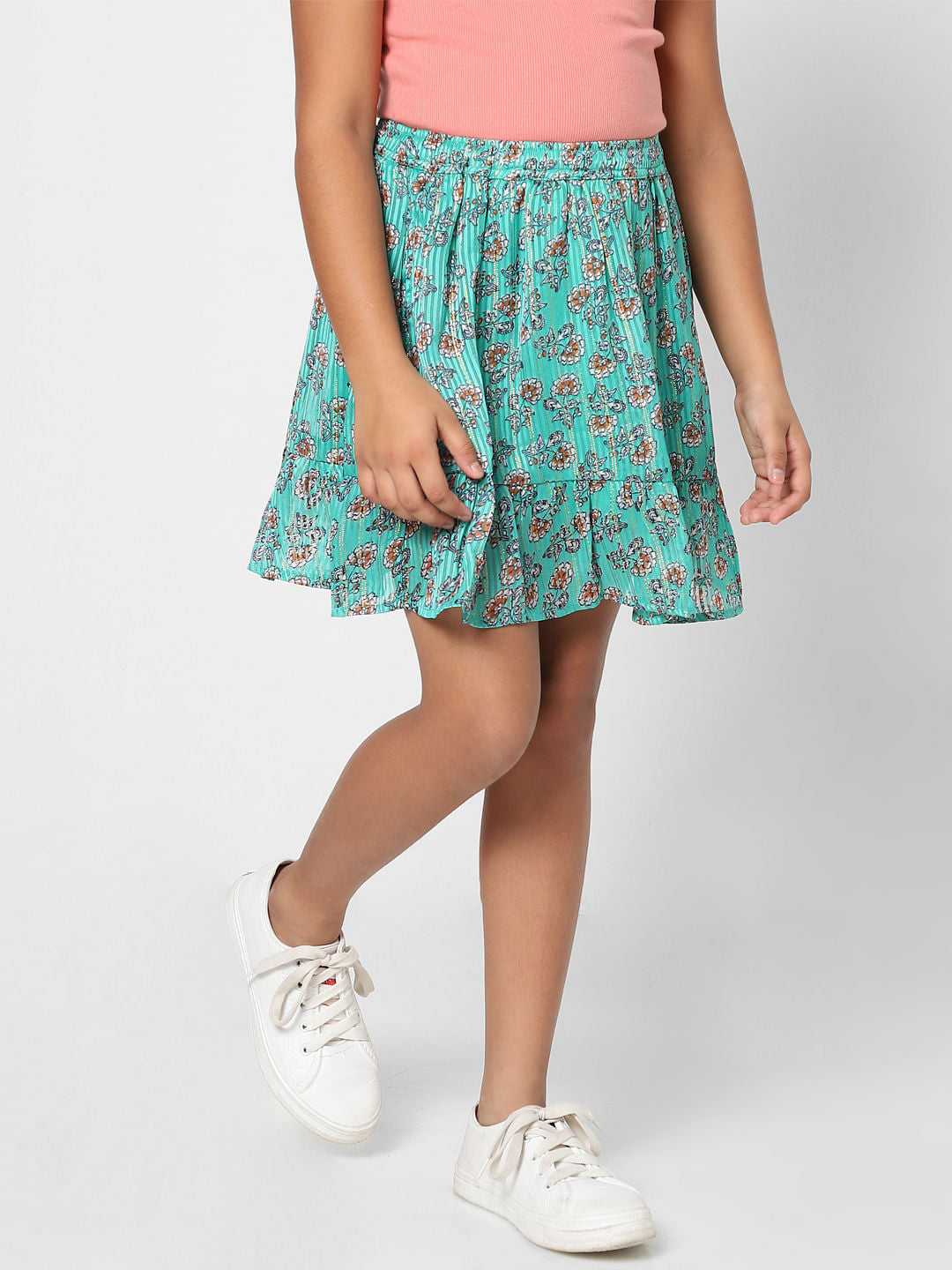 Girls Green Floral Lurex Skirt