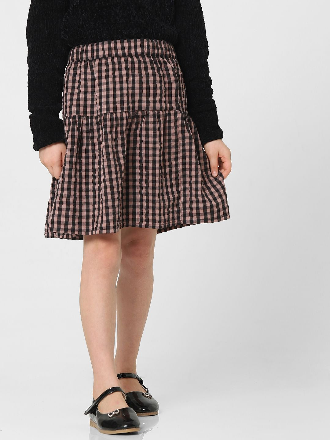 Girls Black Check Print Skirt