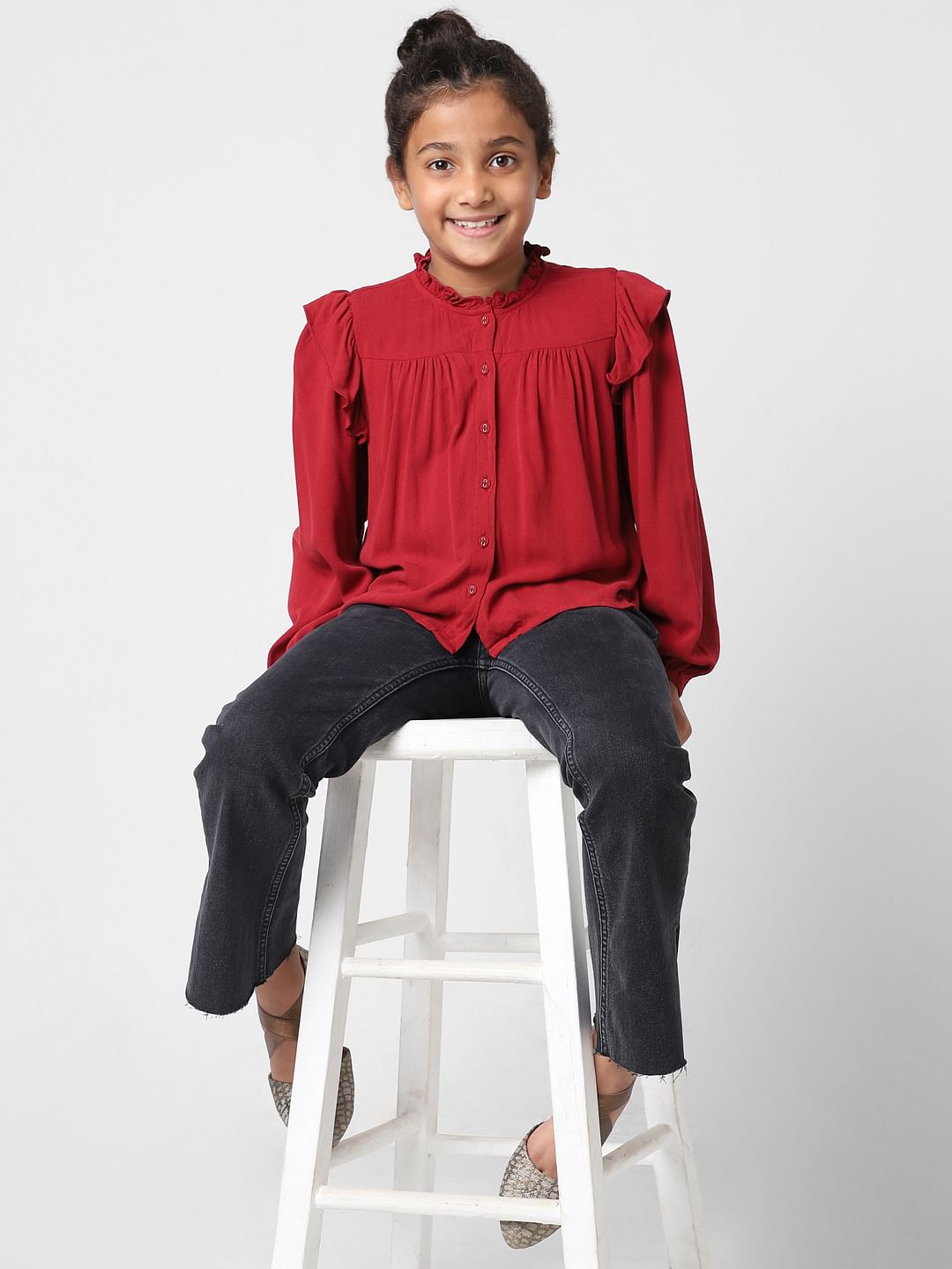 Girls Red Frill Detail Top