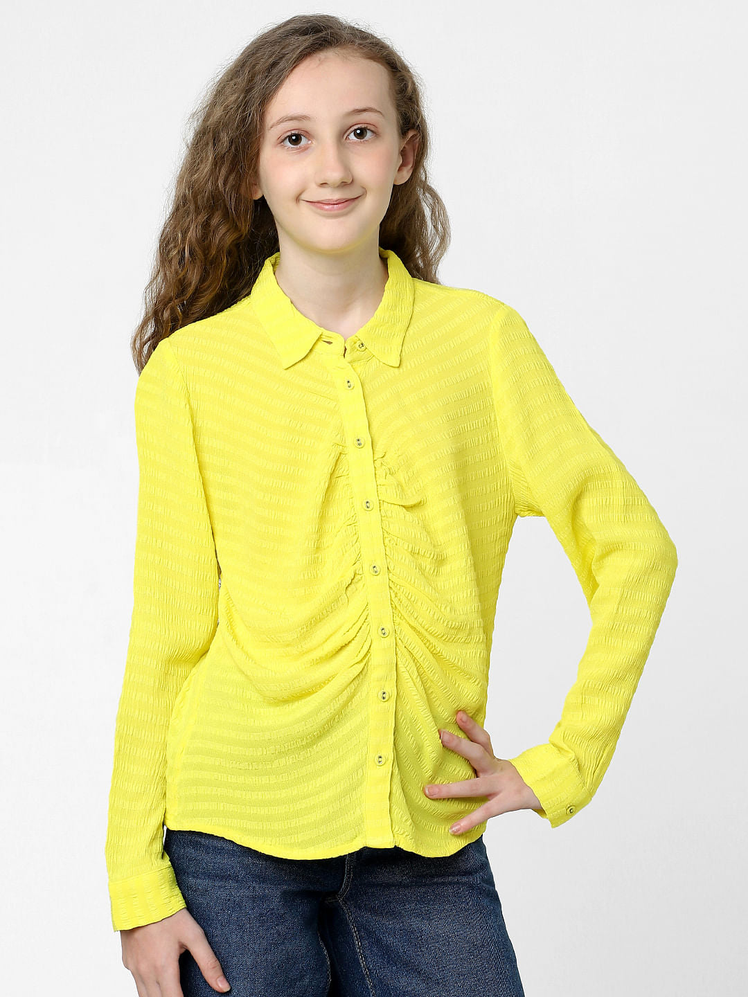 Girls Yellow Self-Print Shirt