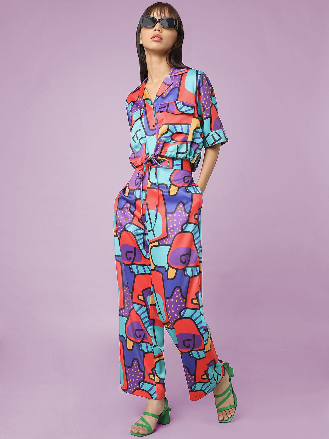 Red High Rise Abstract Print Co-Ord Pants