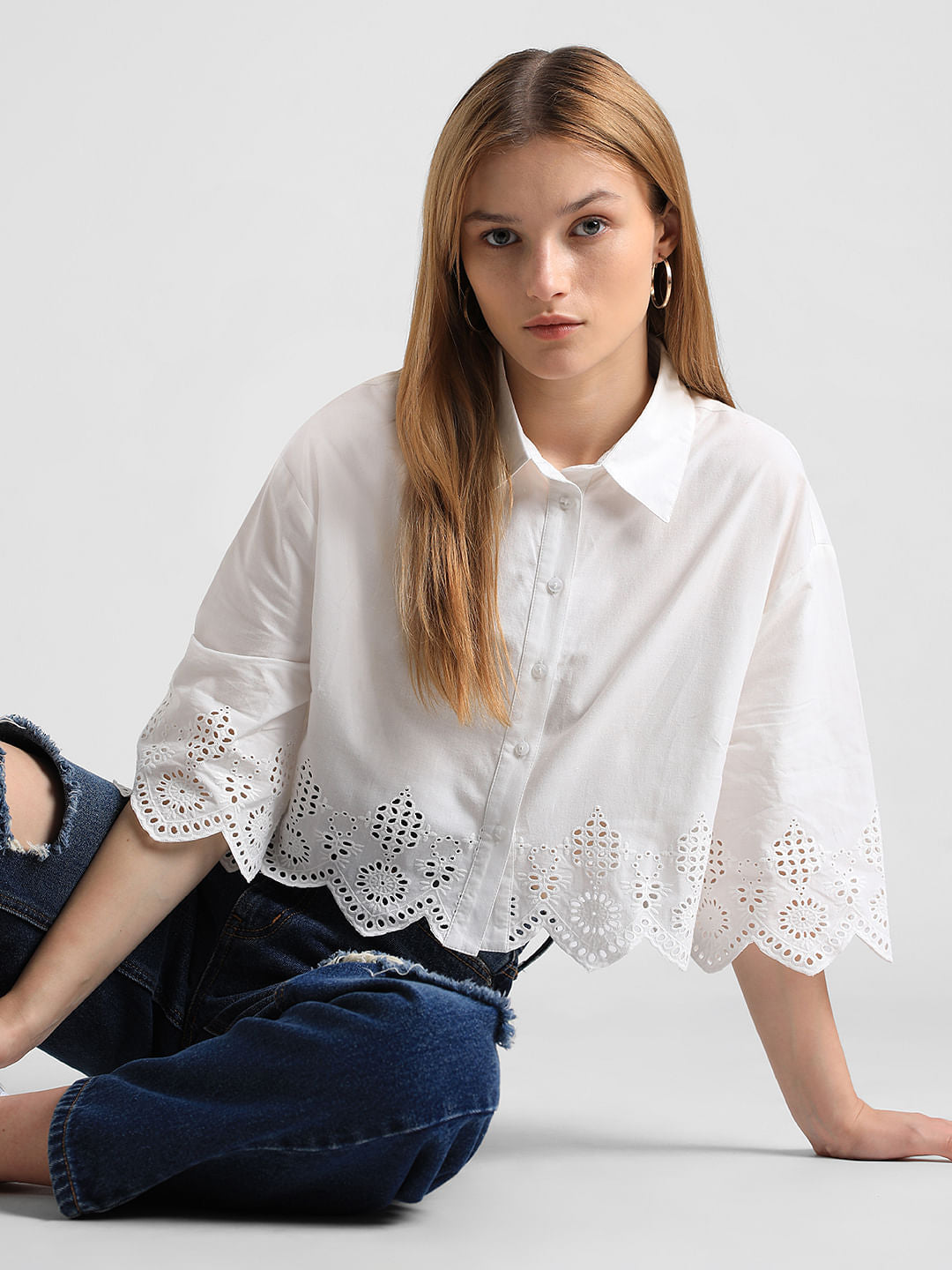 White Schiffli Hem Cropped Shirt