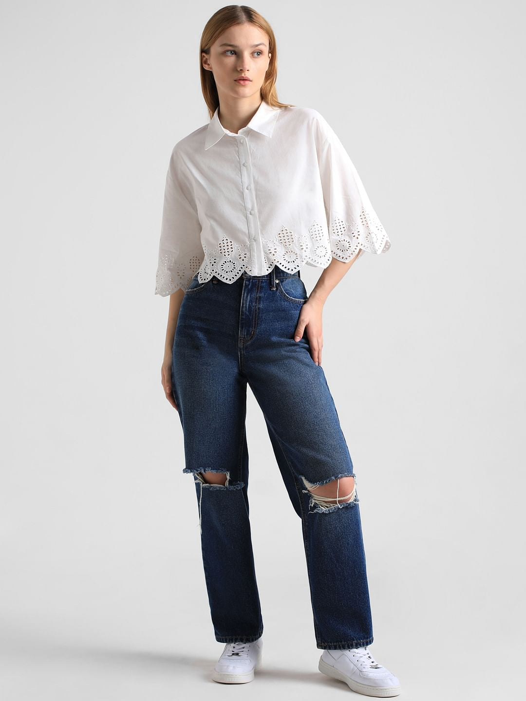 White Schiffli Hem Cropped Shirt