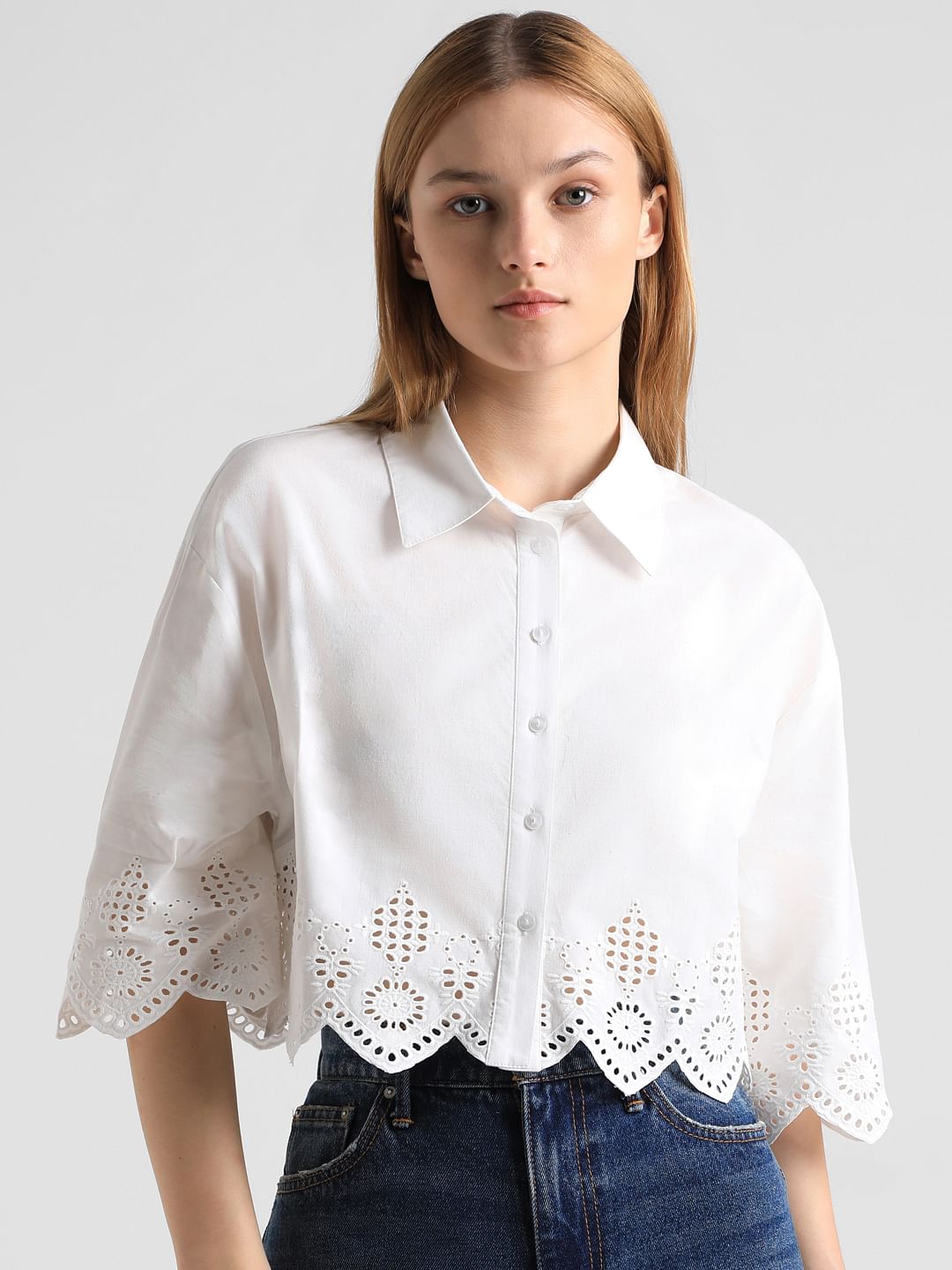 White Schiffli Hem Cropped Shirt