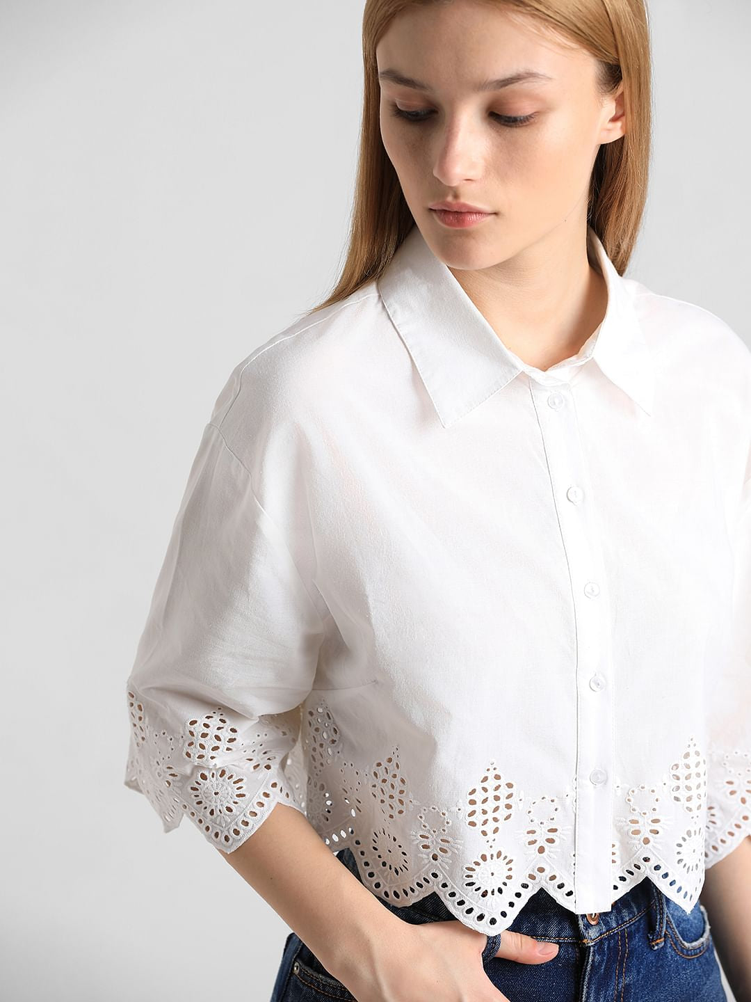 White Schiffli Hem Cropped Shirt