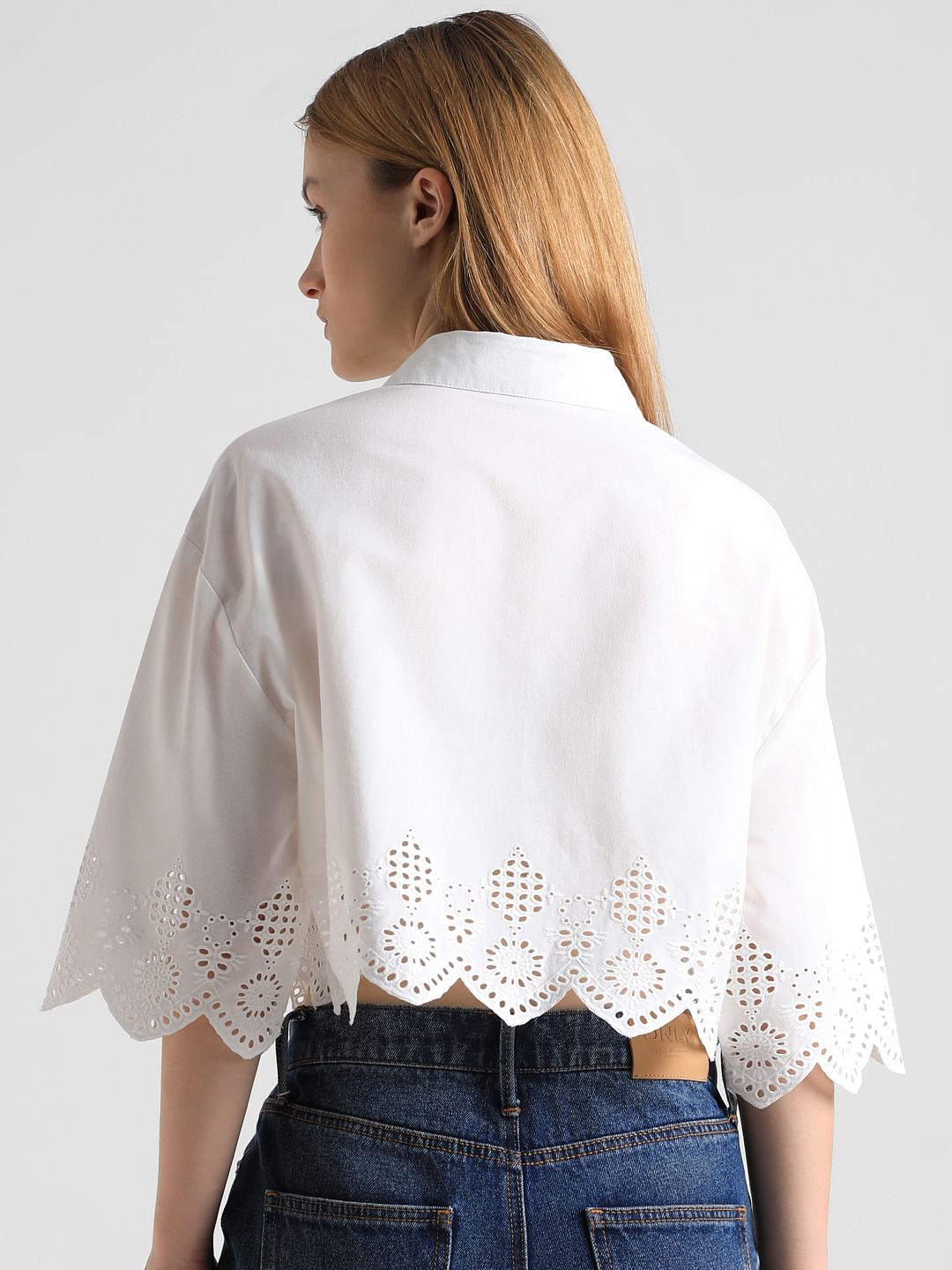 White Schiffli Hem Cropped Shirt