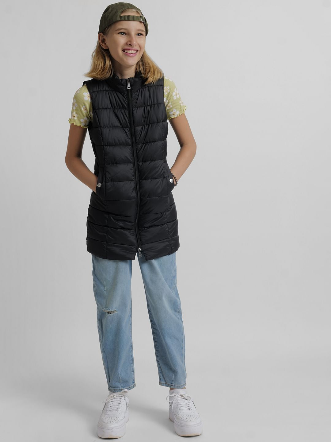 Girls Black High Neck Long Puffer Jacket
