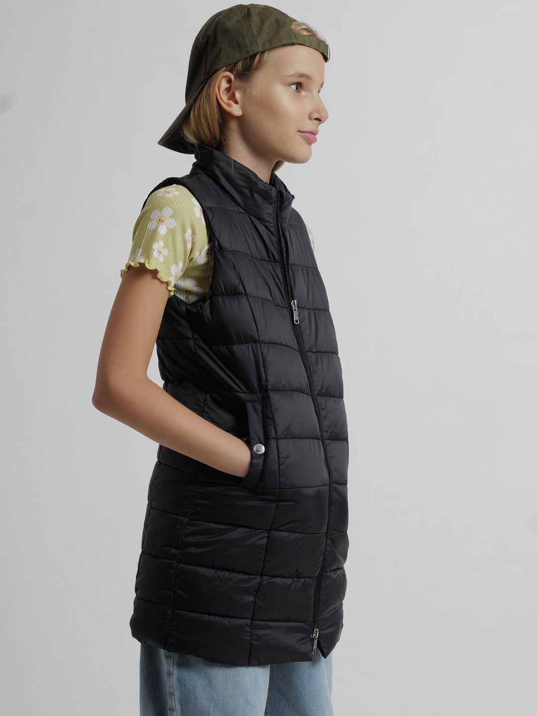 Girls Black High Neck Long Puffer Jacket