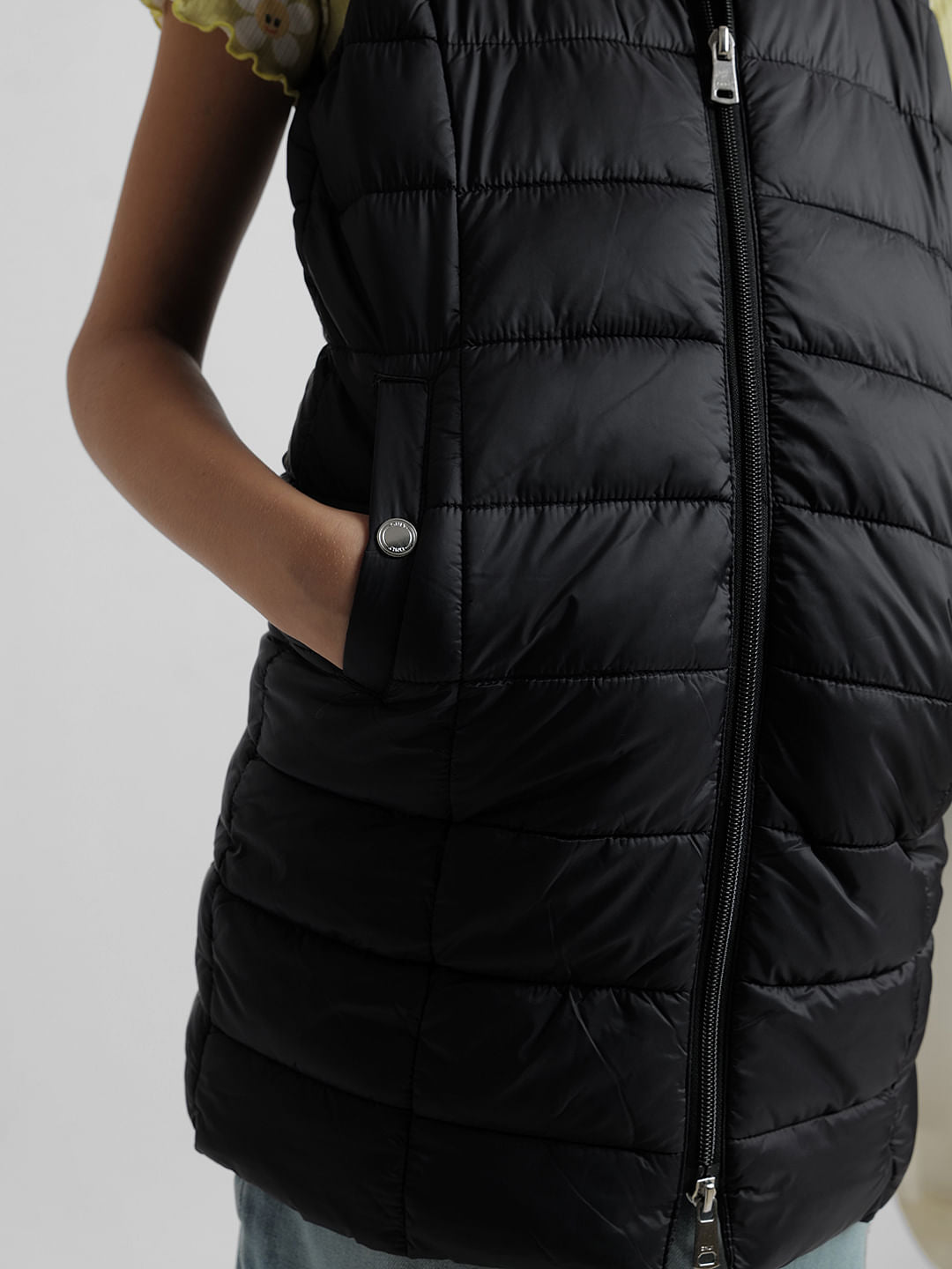 Girls Black High Neck Long Puffer Jacket