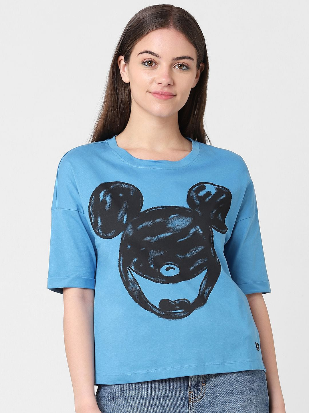 Only X Mickey Blue Graphic Print T-Shirt