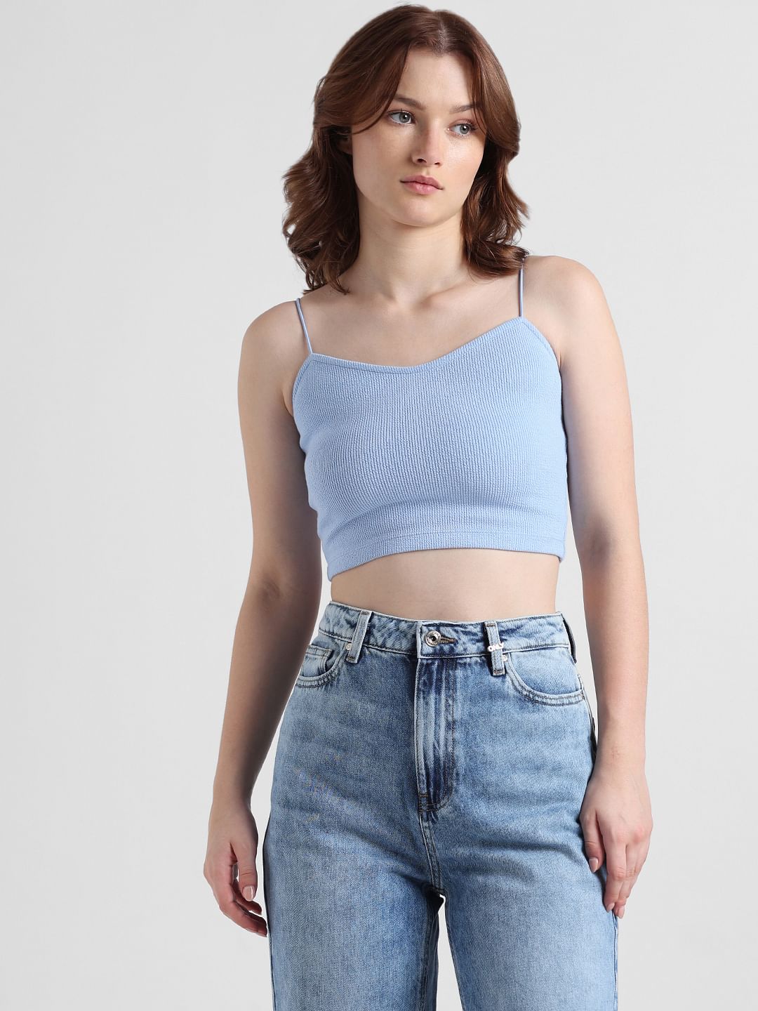 Blue Ribbed Crop Top