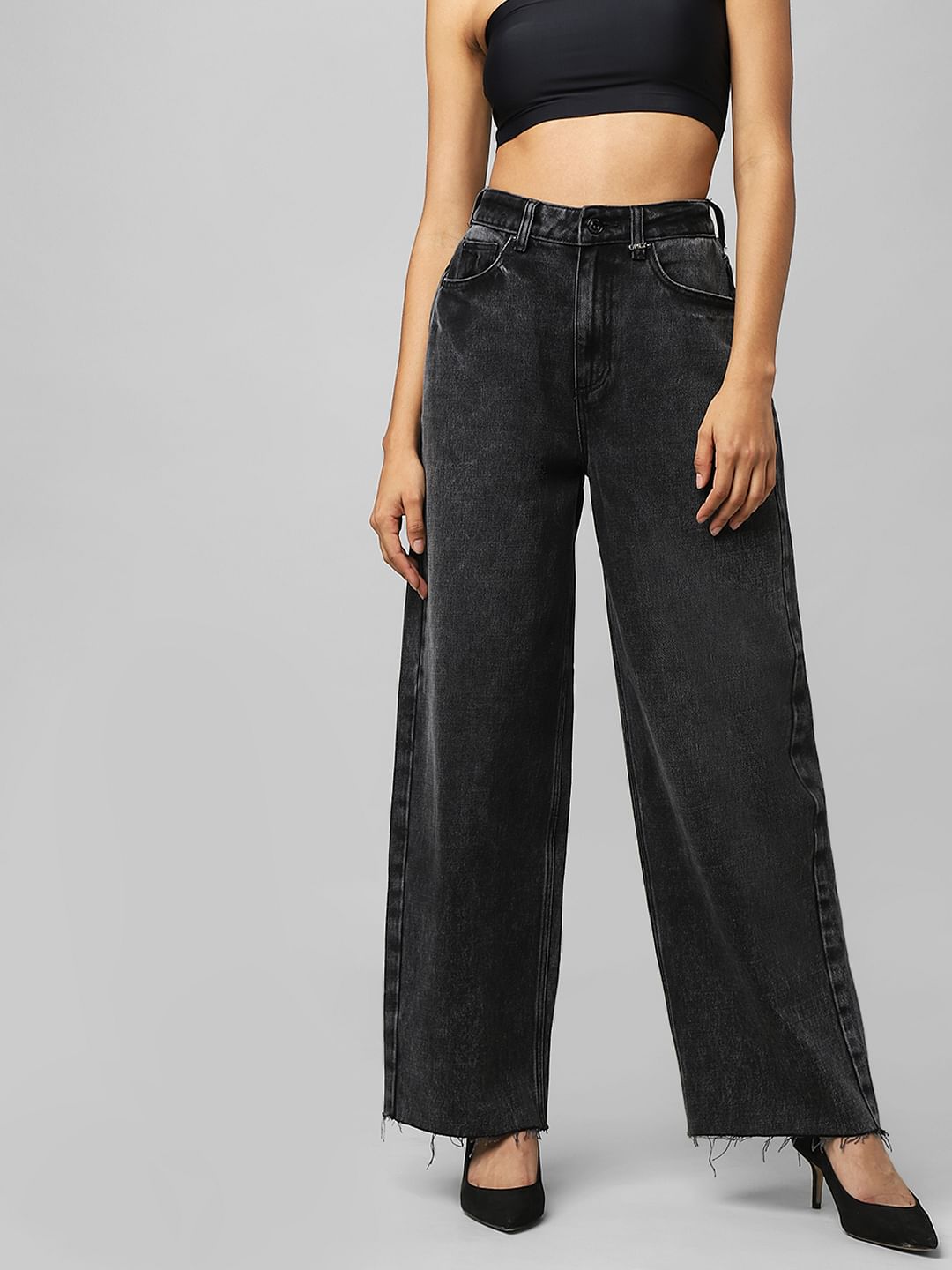 Black High Rise Washed Wide Leg Jeans