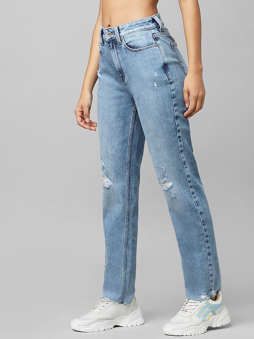 Blue High Rise Distressed Boyfriend Jeans