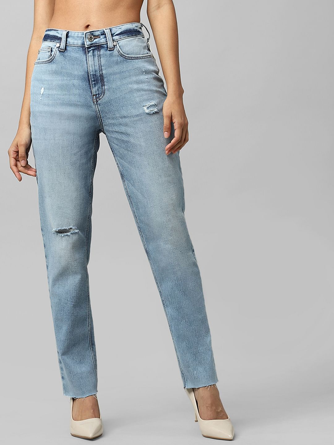 Light Blue High Rise Distressed Straight Jeans