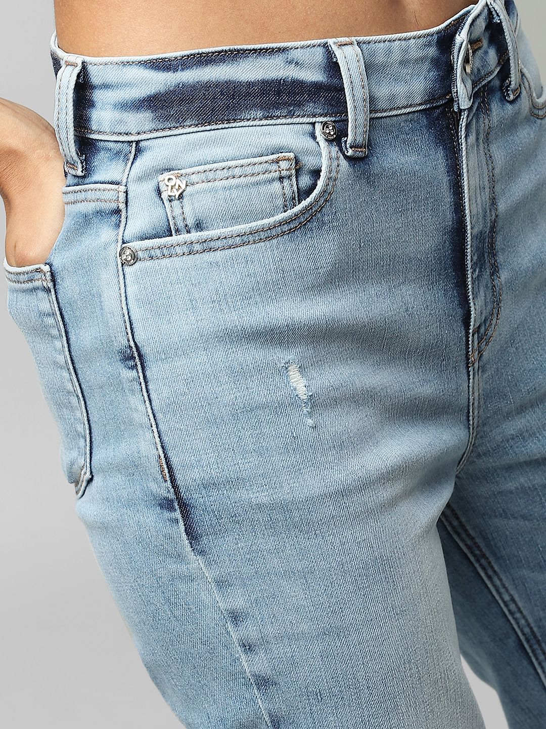 Light Blue High Rise Distressed Straight Jeans