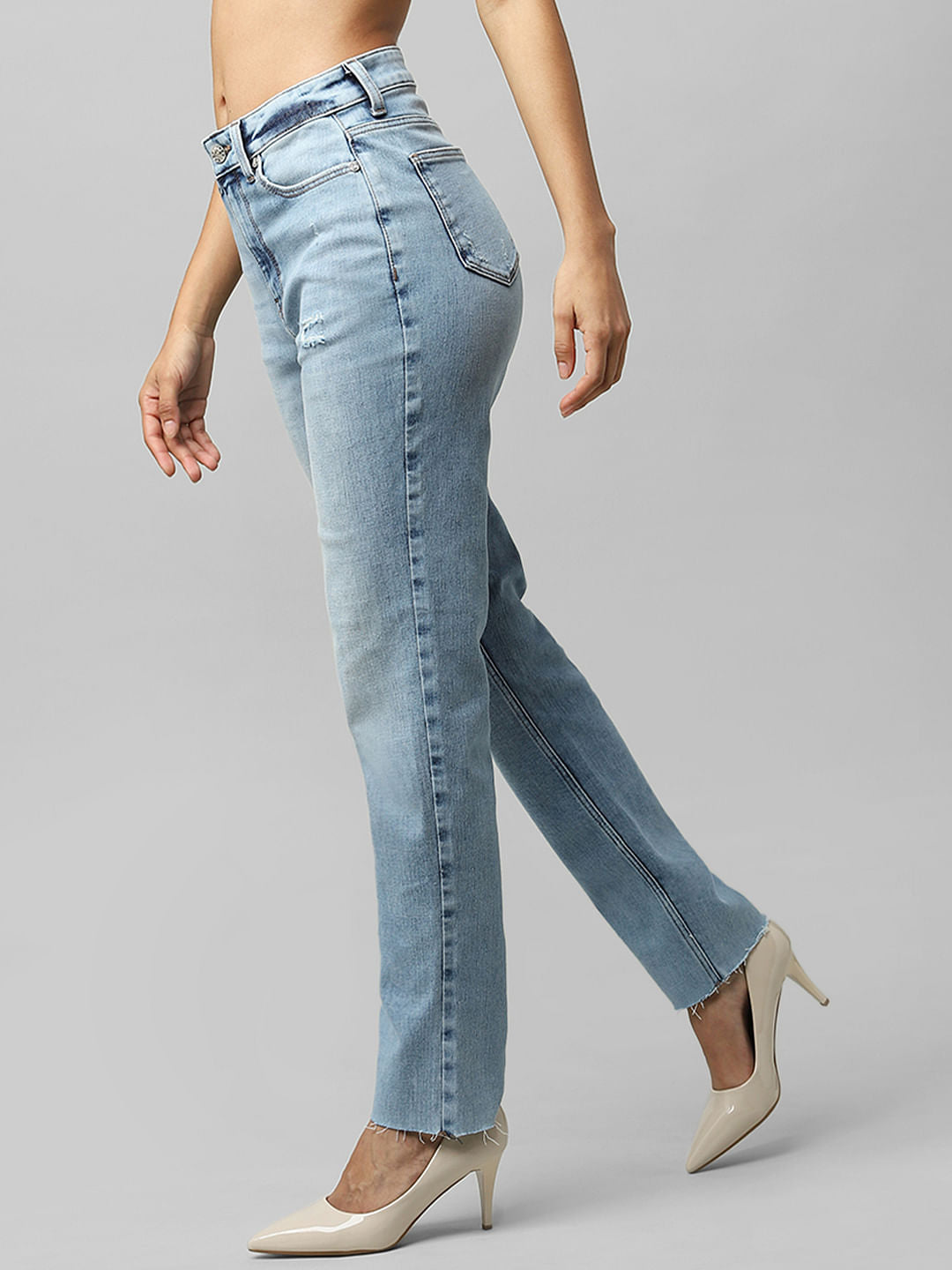 Light Blue High Rise Distressed Straight Jeans