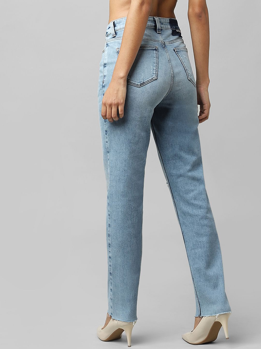Light Blue High Rise Distressed Straight Jeans
