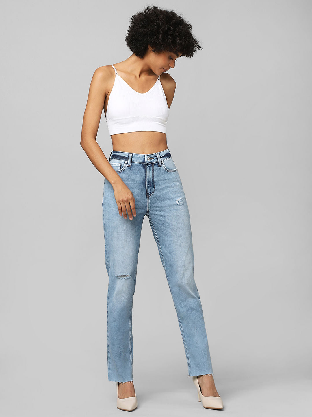Light Blue High Rise Distressed Straight Jeans