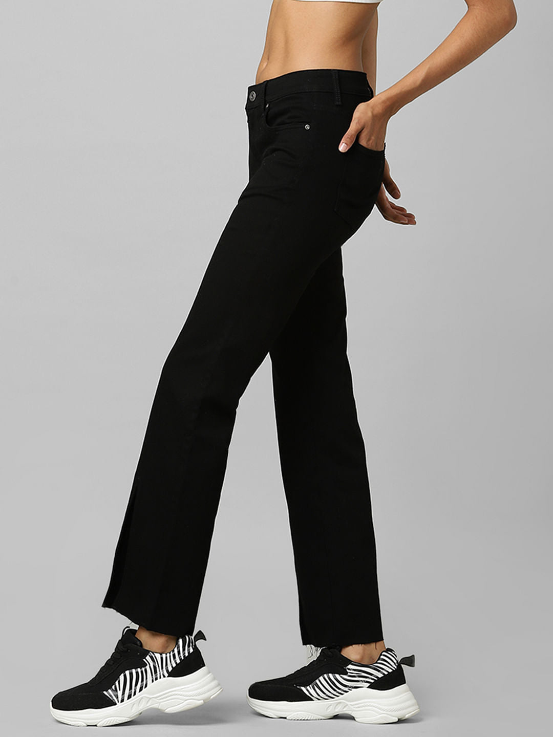 Black Mid Rise Front Slit Flared Jeans
