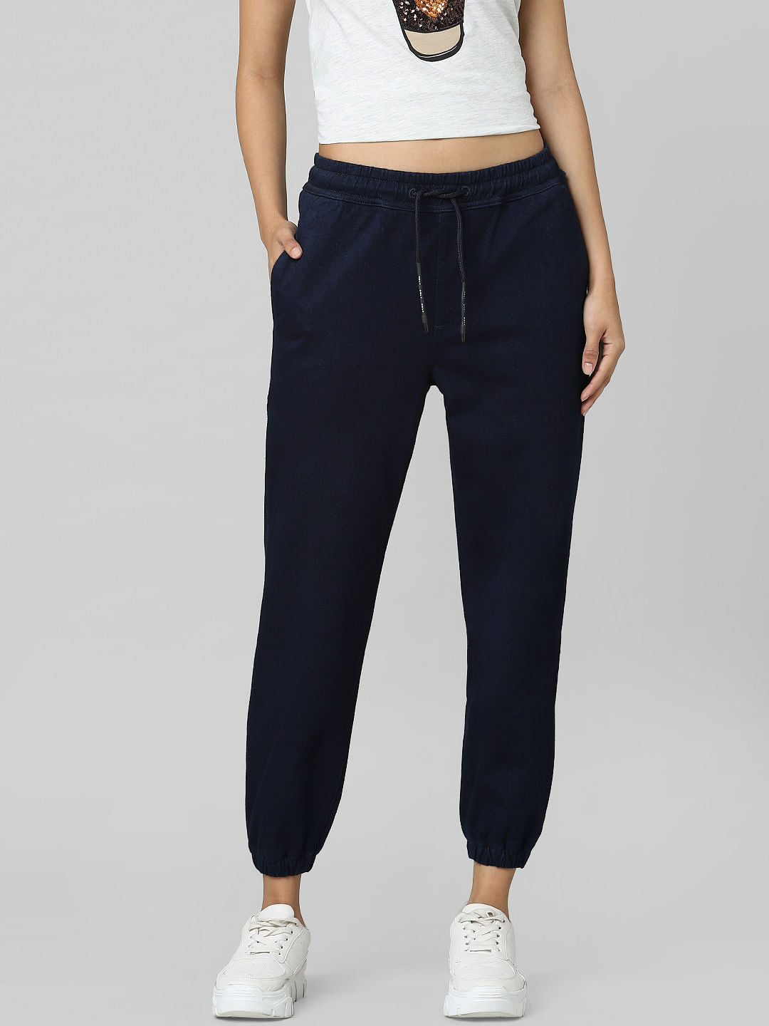 Blue Mid Rise Denim Joggers