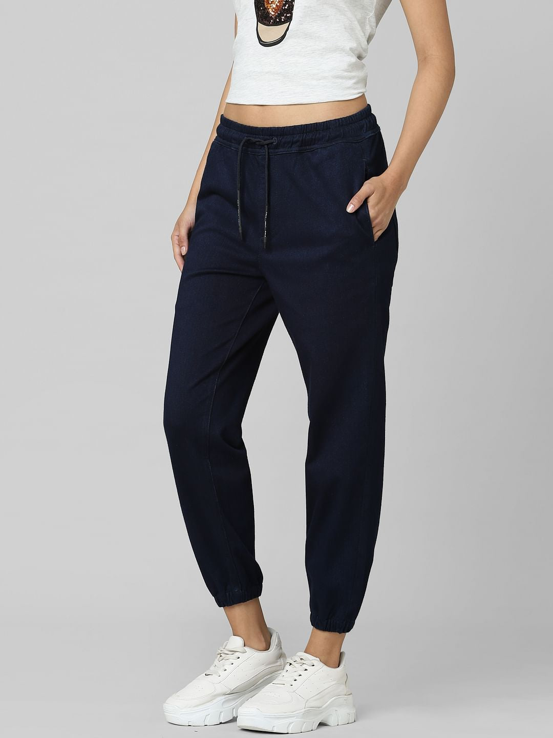 Blue Mid Rise Denim Joggers