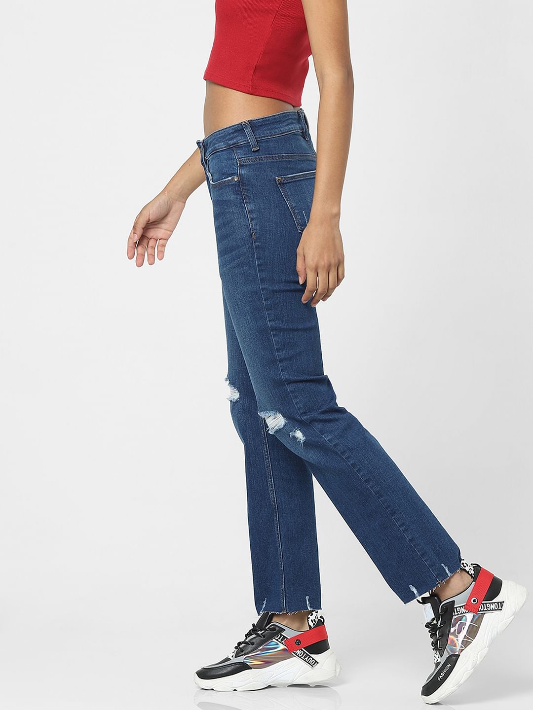 Blue High Waist Distressed Flared Jeans