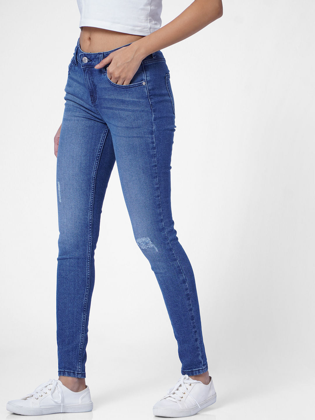 Blue Mid Rise Distressed Skinny Jeans