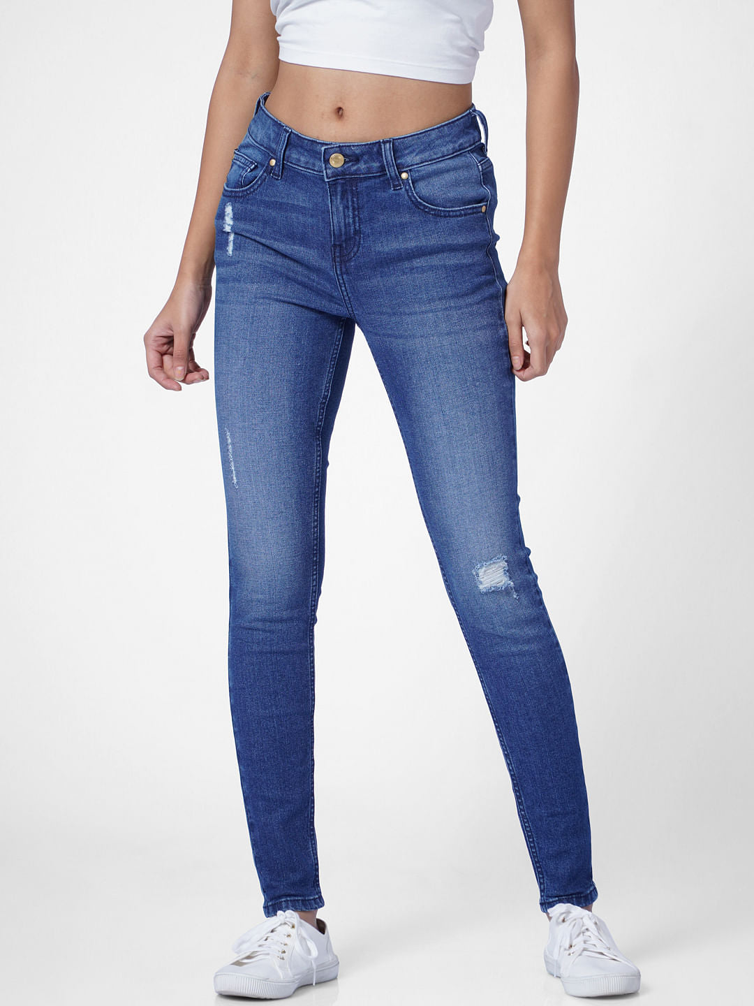 Blue Mid Rise Distressed Skinny Jeans