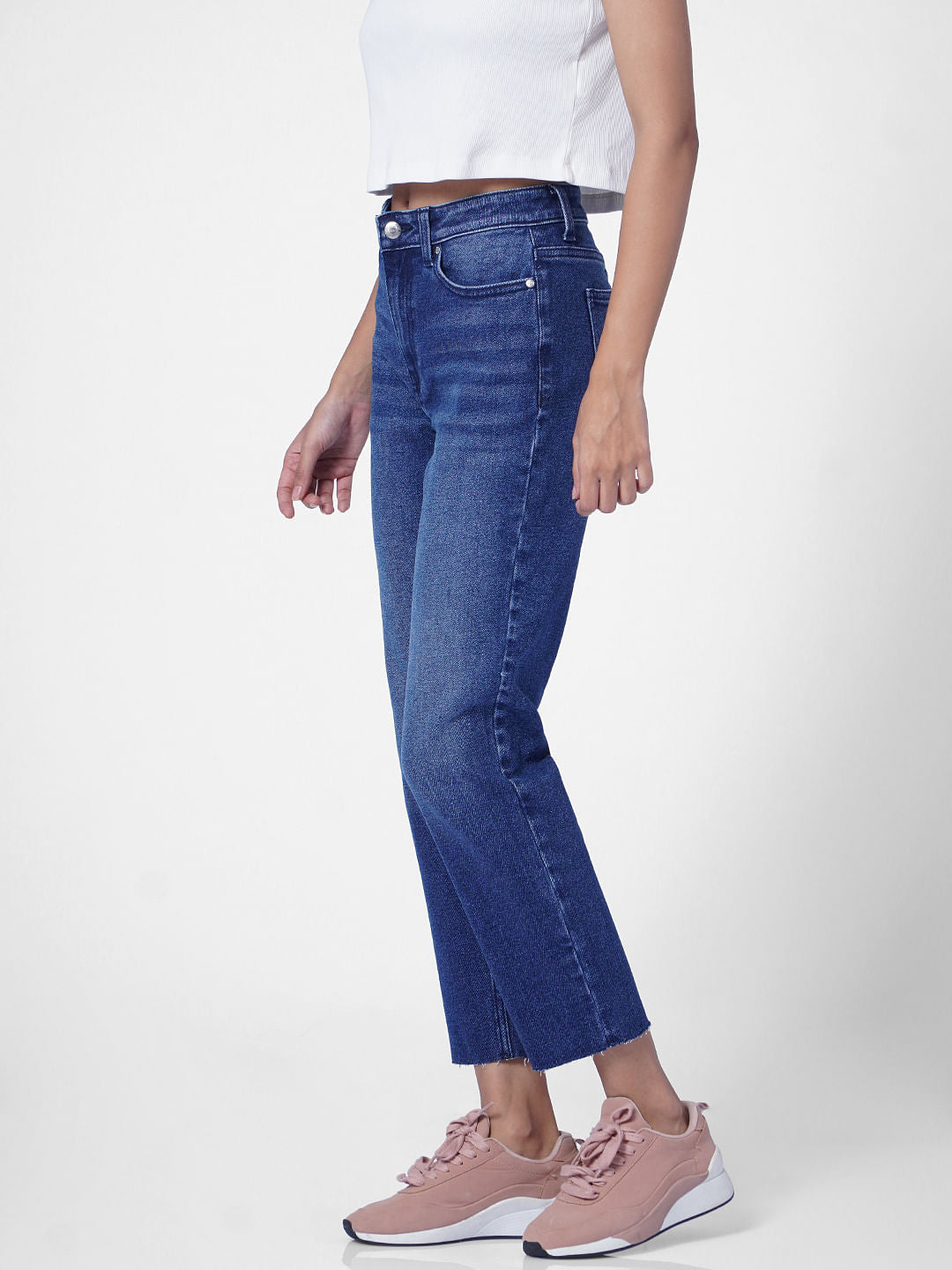 Light Blue Mid Rise Raw-Edge Straight Fit Jeans