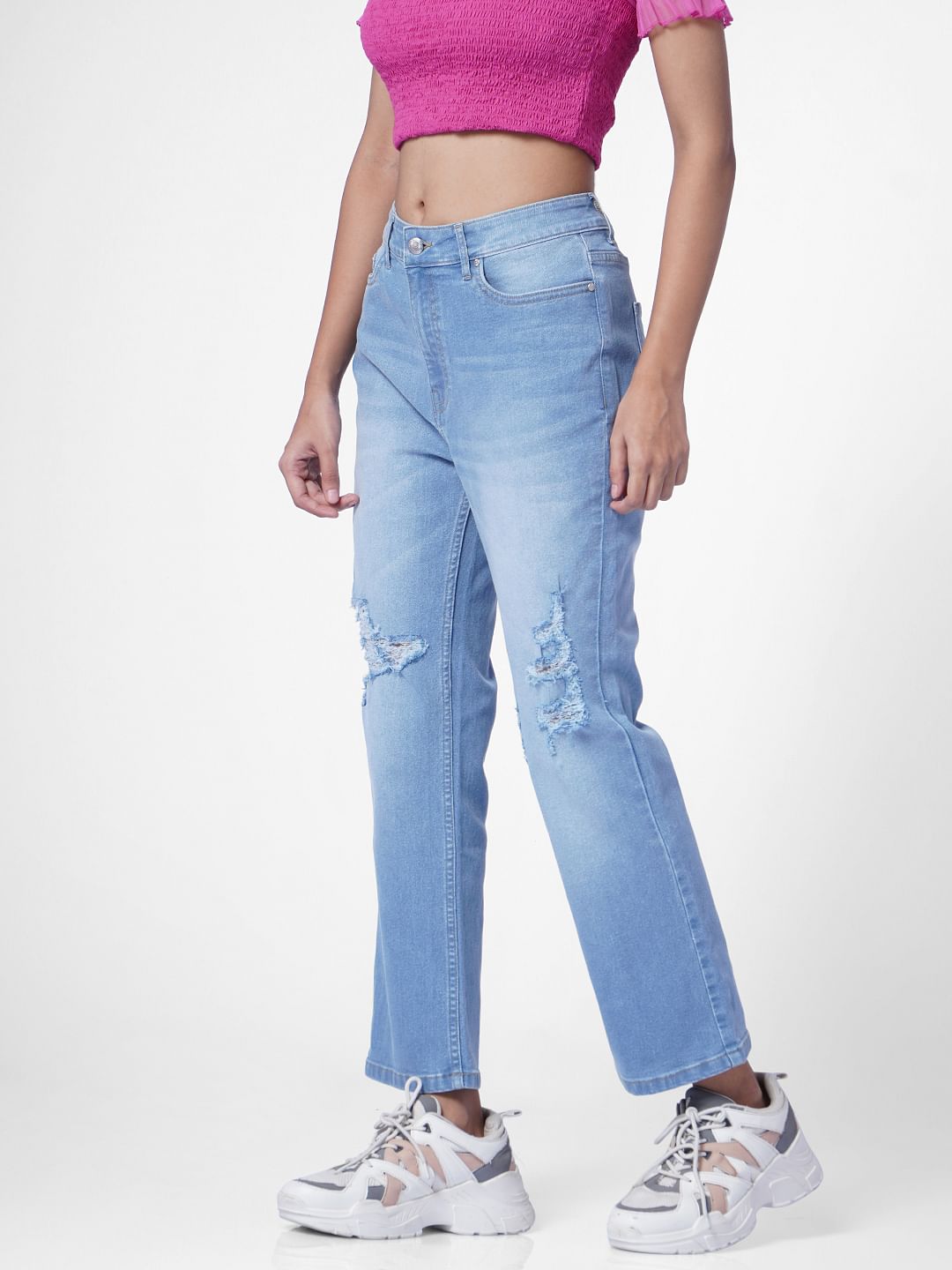 Blue High Rise Distressed Flared Jeans