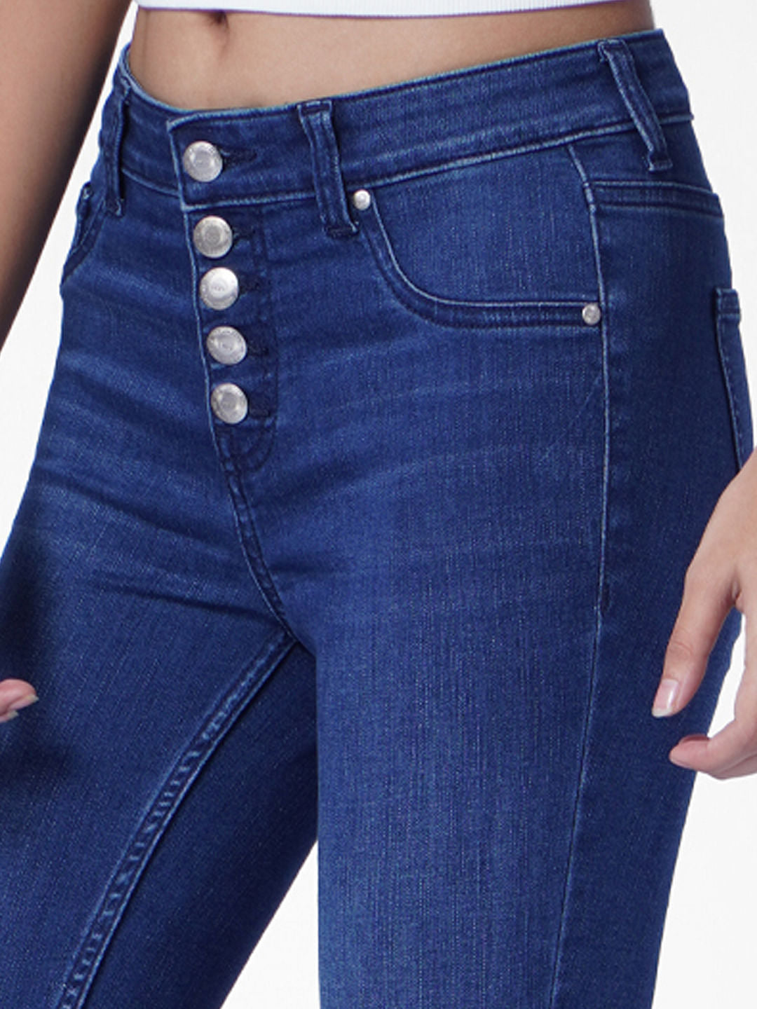 Blue High Rise Button Front Skinny Jeans