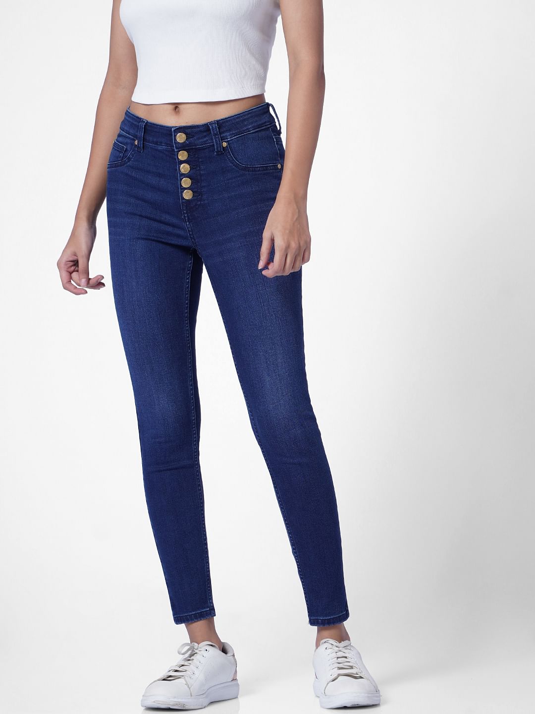 Dark Blue High Rise Button Front Skinny Jeans