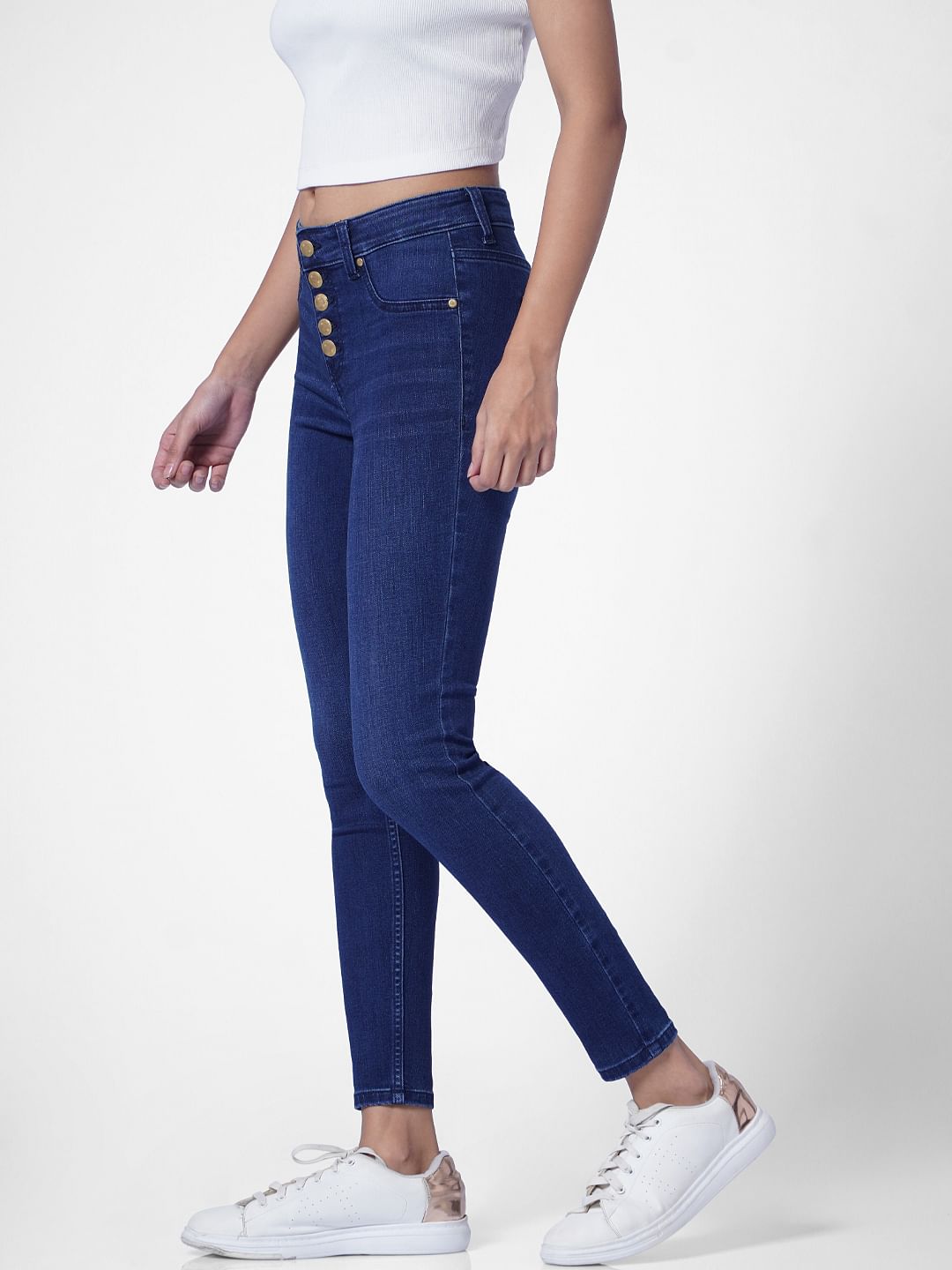 Dark Blue High Rise Button Front Skinny Jeans
