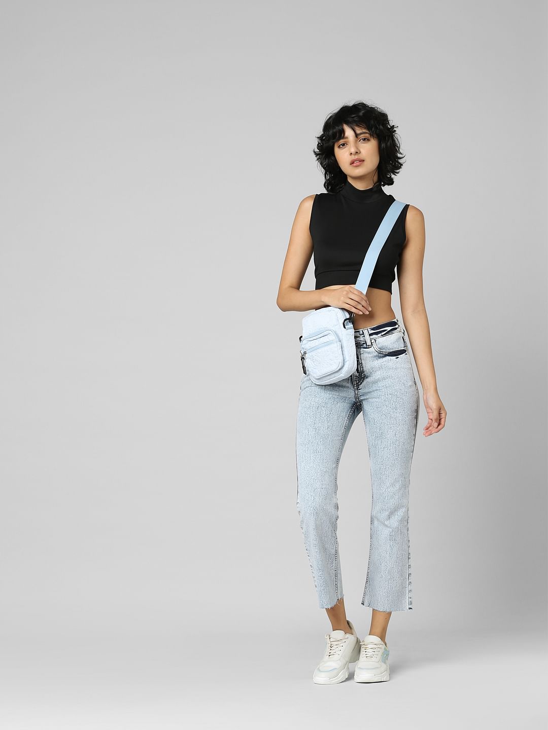 Blue Mid Rise Flared Cropped Jeans