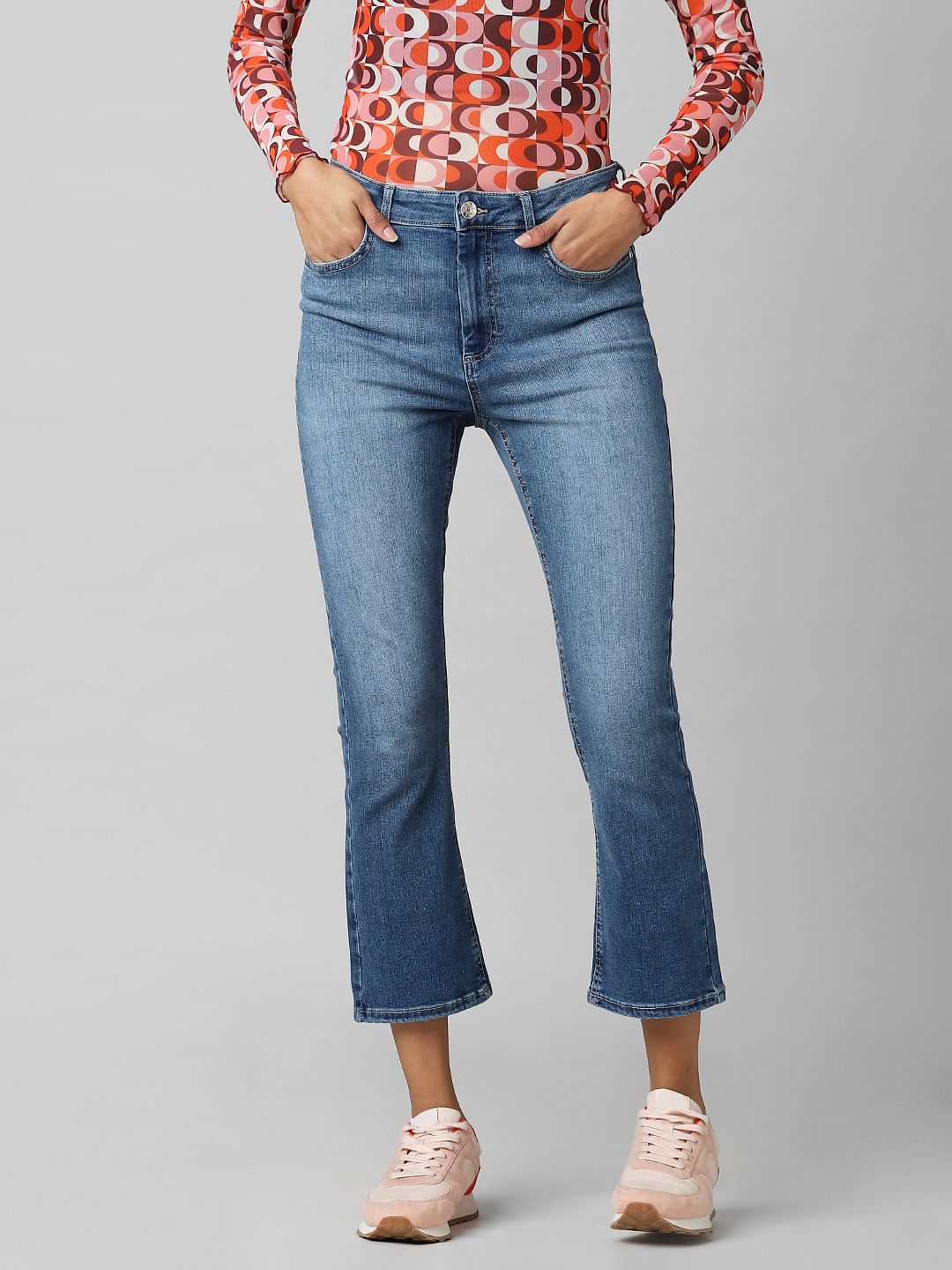 Blue Mid Rise Flared Cropped Jeans