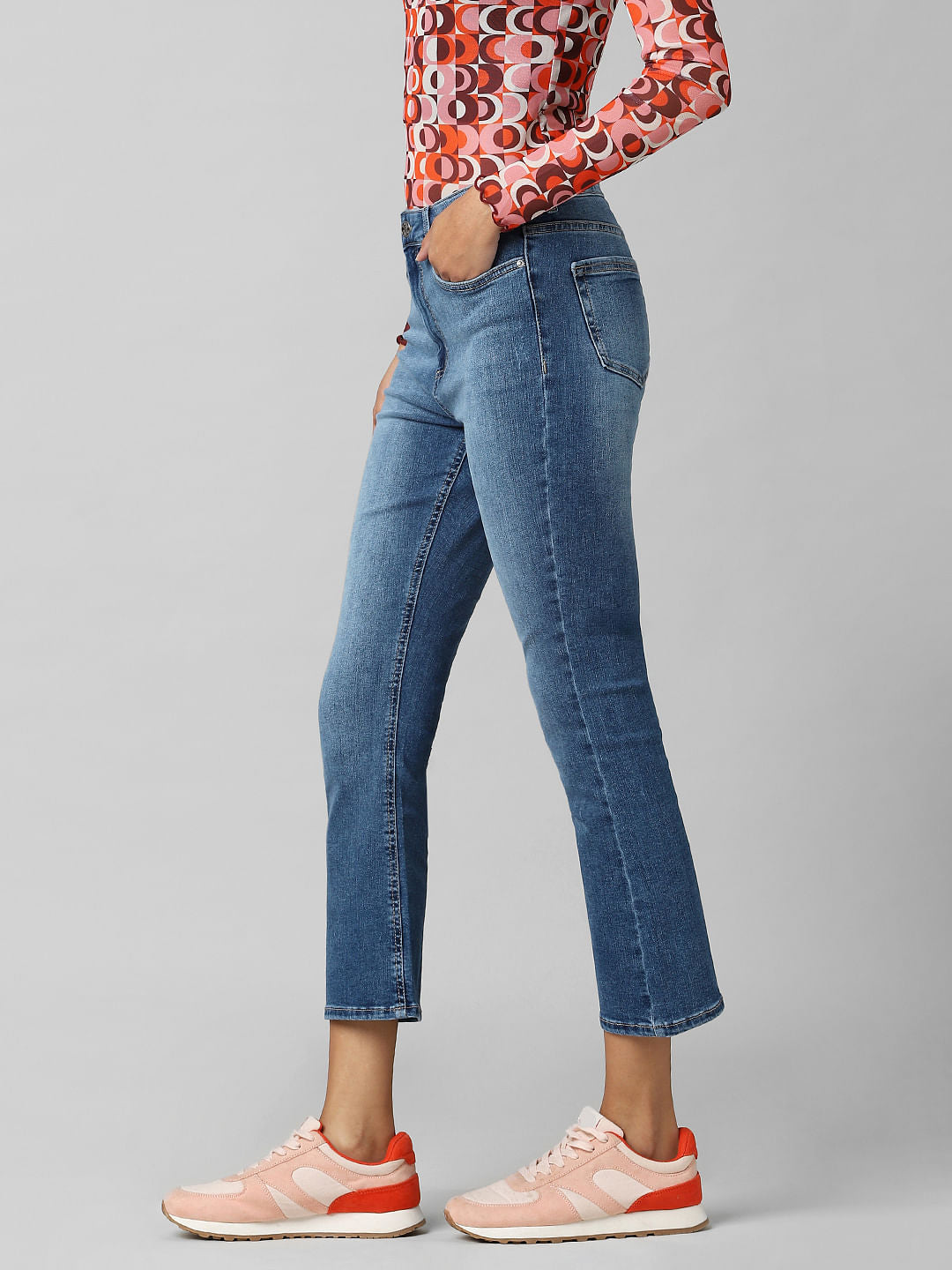 Blue Mid Rise Flared Cropped Jeans