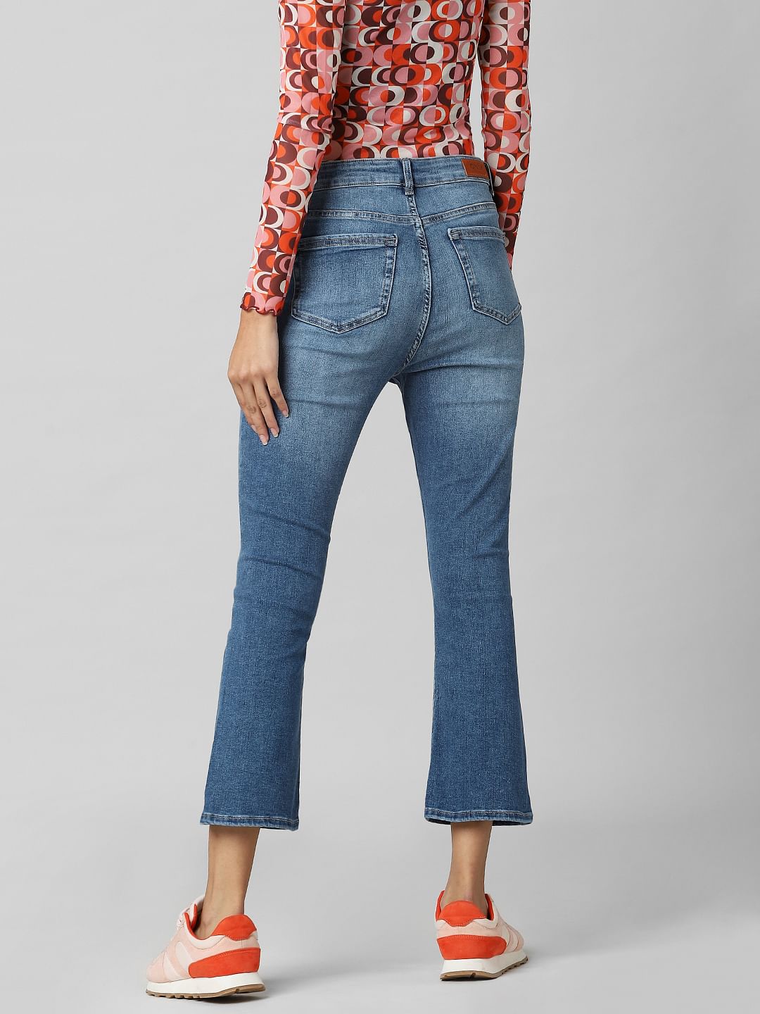 Blue Mid Rise Flared Cropped Jeans