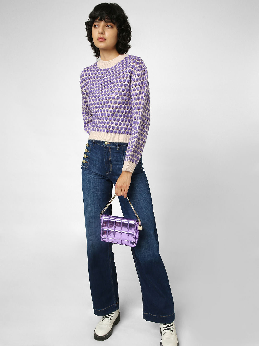 Purple Printed Structure Knit Pullover